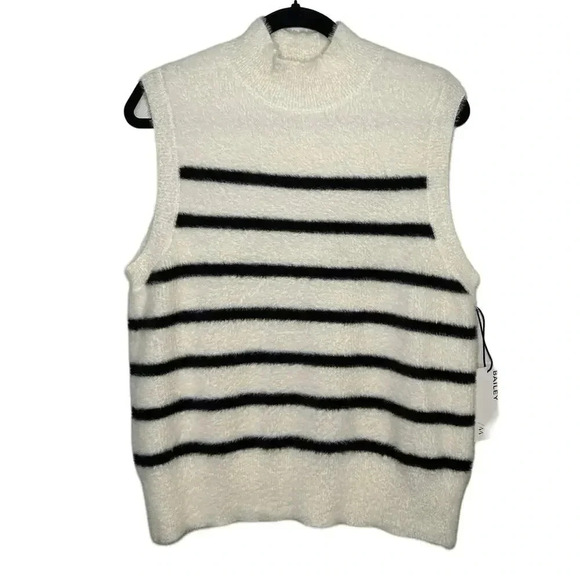 NWT Bailey 44 Soft Fuzzy Moc Turtleneck Sweater Vest Black and Cream Size Large - Picture 1 of 6